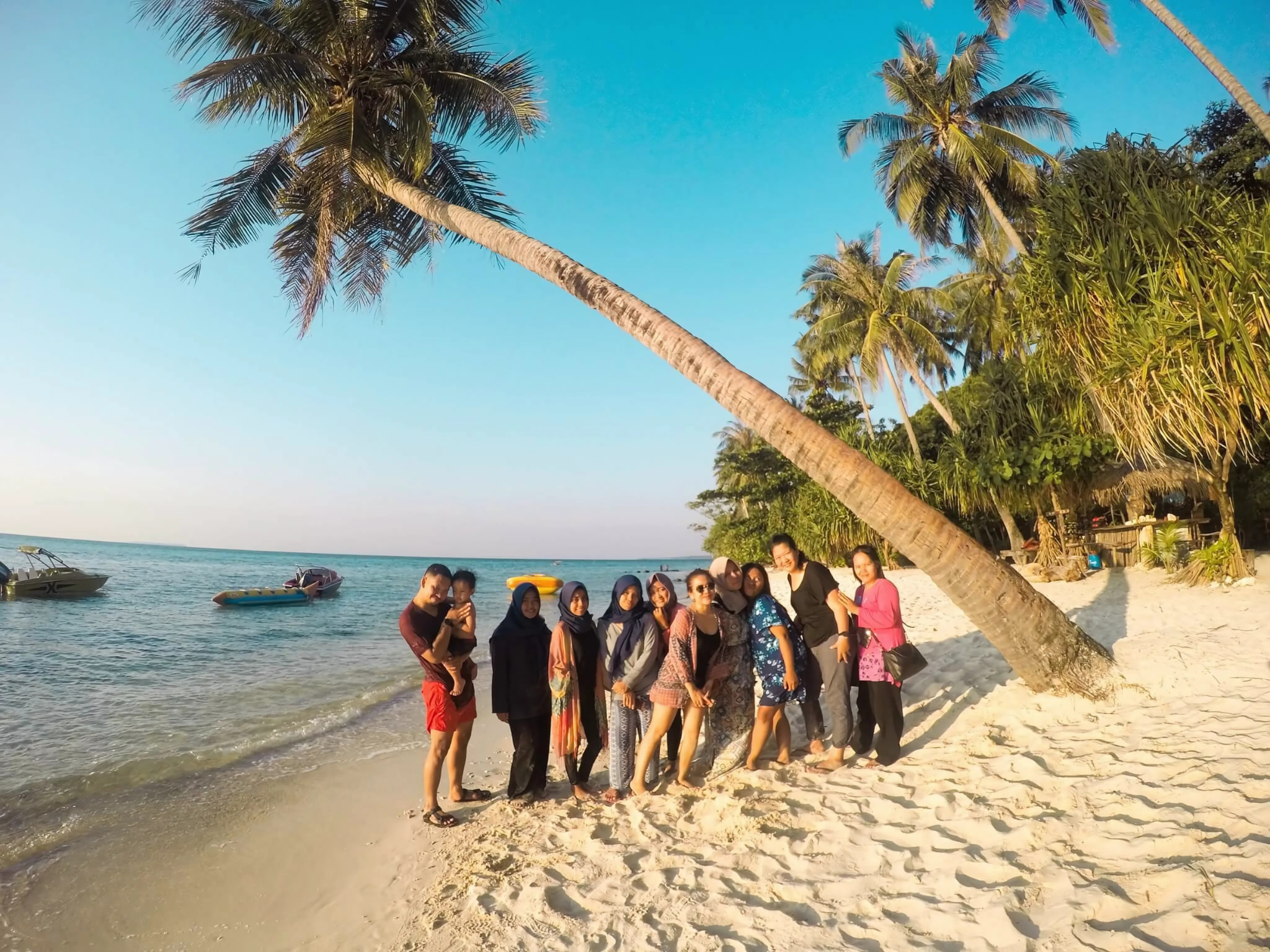 Pantai berpasir putih dan pohon kelapa di Kepulauan Karimunjawa — bibir pantai yang bersih dan tenang